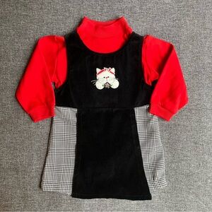 NWT A Little Angel Vintage Velvet Houndstooth Cat Jumper Shirt Set Valentine 24M